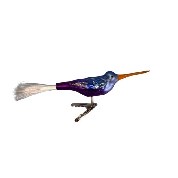 Blown Glass Hummingbird Clip Ornament Purple Blue Orange Spun Glass Tail 5.5 In - Picture 1 of 6